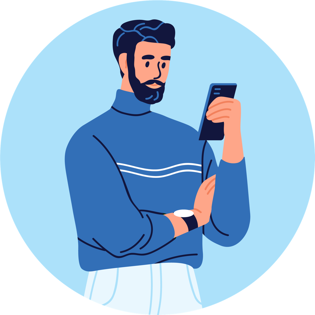Un homme avec une barbe qui regarde un téléphone portable.