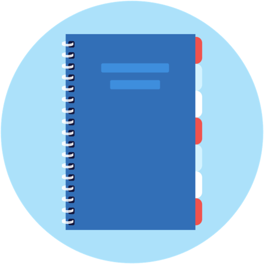 Un cahier bleu avec des marque-pages rouges et blancs.